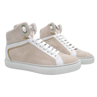 Women's PS High Sneakers Handcrafted in Nude Chamois and White Leather