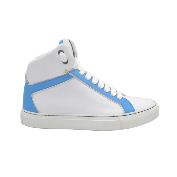 Sneakers alte PS Artigianali da donna In Pelle Bianca e celeste Sneakers alte PS Artigianali da donna In Pelle Bianca e celeste