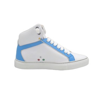 Sneakers alte PS Artigianali da donna In Pelle Bianca e celeste Sneakers alte PS Artigianali da donna In Pelle Bianca e celeste