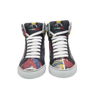 Sneakers alte PS da donna fatte a mano In Pelle con stampa a fumetto Sneakers alte PS da donna fatte a mano In Pelle con stampa a fumetto
