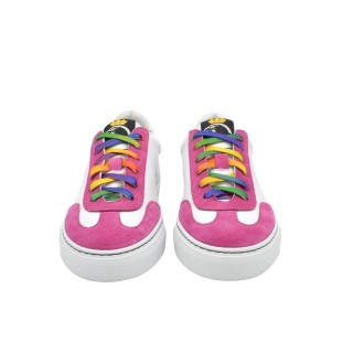 Women's handmade PS sneakers in white leather with fuchsia details Women's handmade PS sneakers in white leather with fuchsia details